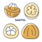 Collection of icons of tropical fruit santol. Vector hand drawn outline and silhouette illustration