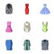 Collection of icons of womens clothing. Various women`s clothes for work, walking, sports. Women clothing icon in set