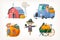 Collection of images from pumpkin farm. Old rusty pickup. Girl farmer, cart with vegetables and classic red barn. Isolated vector