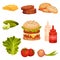 Collection of Ingredients for Burger, Bun with Sesame Seeds, Cucumber, Meat Cutlet, Tomato, Onion, Lettuce, Ketchup and