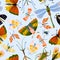 Collection of insects. Butterflies, dragonflies and beetles isolated in the blue background. Seamless pattern design