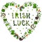 Collection of Irish symbols. Irish Luck Lettering. Heart Shape Background. Leprechauns Hat, Horseshoe, Pot of gold, Flag, Beer Mug