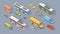 Collection of isometric motor vehicles on gray background - car, scooter, bus, tram, trolleybus, minivan