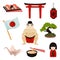 Collection of Japanese souvenirs and accessories.. Vector illustration on white background.