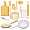 A collection of kitchen utensils. A wooden mortar and pestle, a board, a hammer for meat, a scoop, a rolling pin, a sieve, a drill