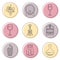 Collection of line style winemaking icons on colorful circles