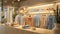 a collection of linen shirts elegantly displayed on hangers in a light-filled store, featuring calming shades such as