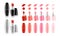 Collection of lipstick with different color shade. Colorful lip gloss smudges. Makeup cosmetic product package.