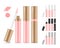 Collection of lipstick tubes with different color shade. Colorful lip gloss smudges. Makeup cosmetic product package.