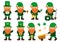 A collection of little gnomes with a red beard and a green hat holding a horseshoe, beer, a horseshoe, a lantern, gold coins.