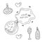 Collection of magic love potion flasks, bottle with cork hearts, glass with champagne, open spilled in black on white. Hand drawn