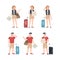 Collection of male and female travelers with map standing in various poses. Set of man and woman tourists trying to find