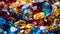 Collection of many different natural gemstones: amethyst, lapis lazuli, rose quartz, citrine, ruby, amazonite, moonstone