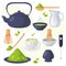 Collection of matcha tea products. Matcha powder, teapot, bamboo spoon, tea leaves, chasen, cha shaku, chawan, tea cup, latte cup