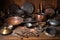 collection of metal cooking utensils, including woks and skillets