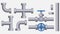 Collection of metal pipes. Steel pipelines, plastic tubes, valves and flanges, water drains. Connection system concept. Vector