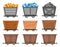 Collection of metal and wooden mine carts loaded with gold, crystals and stones or coal. Cartoon mine trolleys. Vector