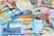 collection of money banknotes from State Of Kuwait, currency banknotes of 20, 10, 5 and 1 dinars, Kuwaiti cash