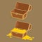 Collection of money icons. Empty wooden chest with open lid and chest full of gold with piles of coins. Pirate treasure, reward.