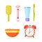 Collection of morning procedures icons. Everyday affairs. Stickers - comb, massager, toothpaste