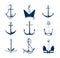 Collection of nautical anchors of various types hand drawn with navy contour lines on white background. Monochrome