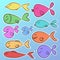 Collection of nine ready to use bright stickers with cute colorful fishes.