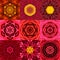 Collection of Nine Red Concentric Flower Mandalas Kaleidoscope