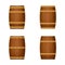 Collection of old barrels with wooden texture. Various hoop configurations.  Cask for whiskey, wine or beer. Cartoon style