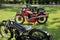 Collection of old motorcycles in England in the summer.