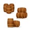 Collection of old wooden barrels in different configurations. Groups of two and three casks. Cartoon style illustration