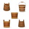 Collection of old wooden buckets of various shapes with different handles. Cartoon style illustration. Vector