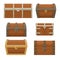 Collection of old wooden chests of various shapes and sizes.  Pirate treasure. Cartoon style illustration.