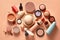 Collection of organic decorative cosmetics on light apricot background. Bright summer colors. Top view. Generative Ai