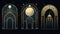 Collection of oriental style Islamic windows and arches with modern boho design, moon, mosque dome and lanterns