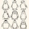 Collection pack of Penguins coloring page for children.?artoon style hand drawing vector in black outline on a white background