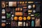 Collection of packaged processed food on grey background. AI Generation