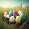 A collection of painted easter eggs celebrating a Happy Easter on a spring day with green grass meadow background with copy space