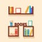 Collection of paper books. Wooden bookshelf. Vector flat illustration