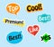 Collection paper stickers. colorful labels for your projects. Top, cool, Premium, Best, Like, yes.