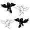 Collection of parrots in flight, silhouette on white background,