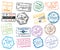 Collection of Passport Stamps Isolated on White. Vector Illustration. Set from Different Countries and Cities