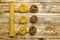 Collection of pasta on vintage wooden background. Variety of italian pasta.