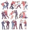 Collection of people during fight, angry men and women in physical conflict