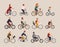 Collection of people riding bicycles of various types - city, bmx, hybrid, chopper, cruiser, single speed, fixed gear