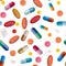 Collection of pills and capsules. Seamless colorful medication. Vector