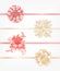 Collection of pink and beige satin ribbons decorated with bows. Bundle of fancy decorative design elements. Set of