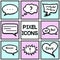 Collection of pixel speech bubbles and dialog balloons on blue and pink background