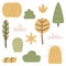 Collection of plants and natural objects. Set of simple doodle illustrations. Trees, bushes, clouds, hay and other