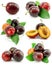 Collection of plum fruits with green leafs