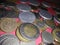 Collection of Polish coins on a red background. Zloti and grochi